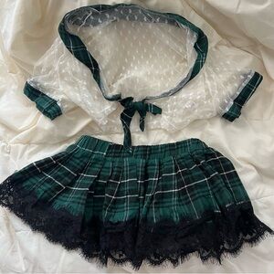 Green Plaid Skirt and Sheer Top Set